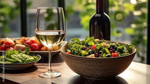 photograph of food and glasses of wine next to a bowl of salad.