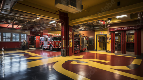Interior design of fire station. Interior of living quarters for firefighters. photo