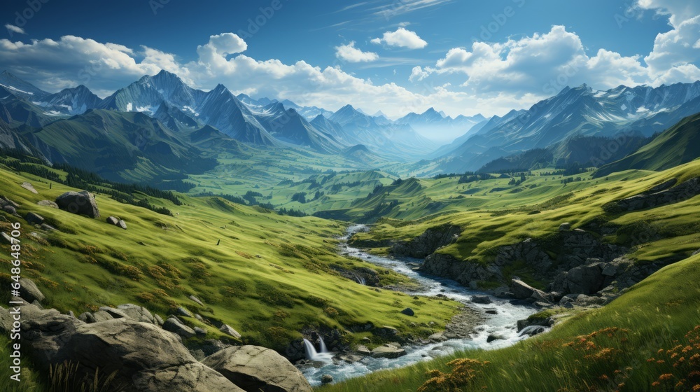 Captivating Alpine Vistas: Enchanting Landscapes with Majestic Mountains, Snowy Peaks, and Serene Valleys, generative AI