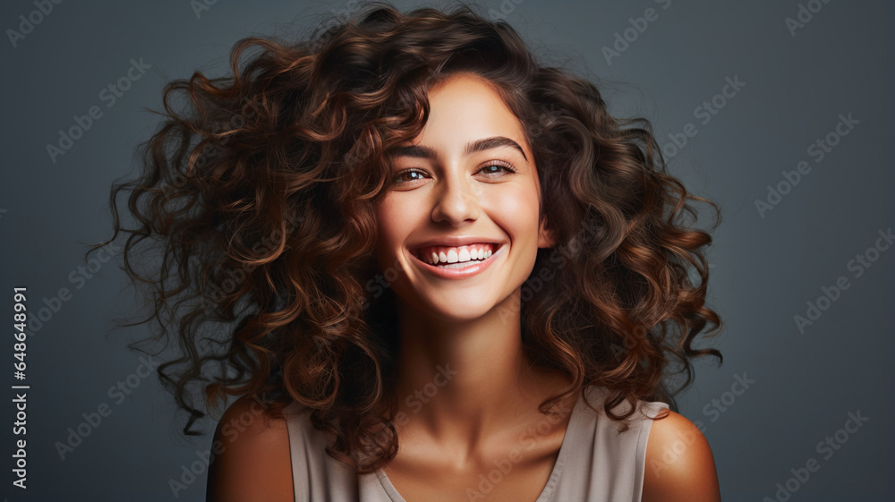 Woman with curly beautiful hair on gray background, girl with beauty short wavy hairstyle. - obrazy, fototapety, plakaty 