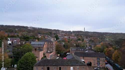 Aerial drone footage of the village town of Sowerby Bridge West Yorkshire