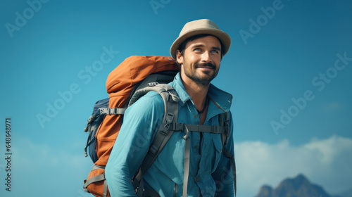 Man tourist with big bag, backpack, isolated on blue background.
