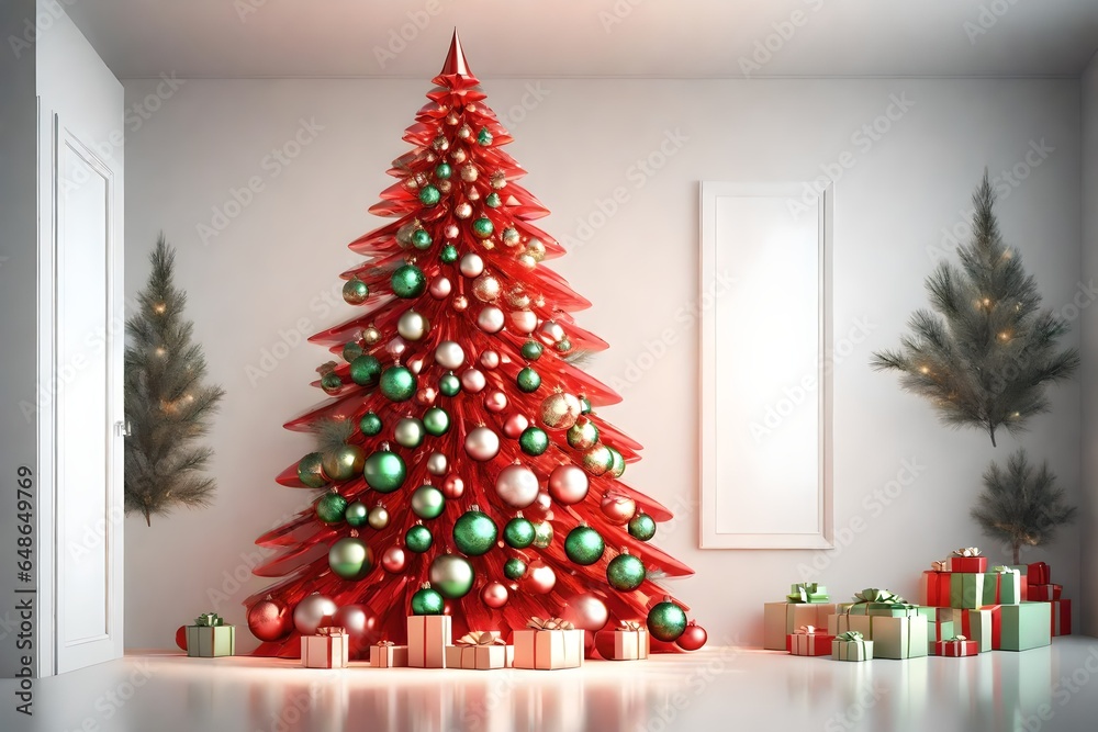  3d rending Light interior with red and green Christmas tree near white wall