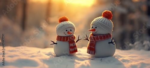 snowmen knitted with red wool hat and orange scarf in snow with forest in background. photo
