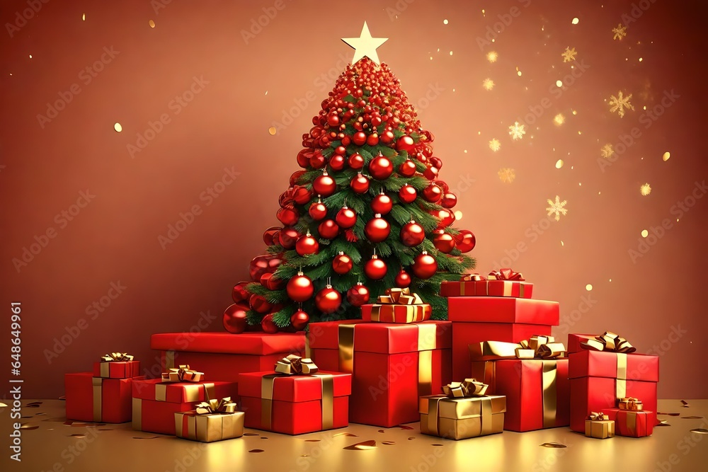 3d rending Christmas tree Christmas gift box red with gold colours  background as an old wall
