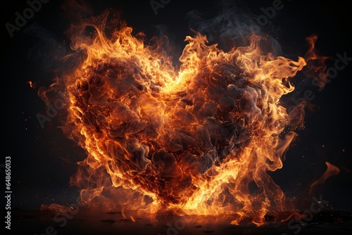 Fire in the shape of a heart. Flaming heart concept. Beautiful heart made of fiery lava. Burning heart on black background. Love concept. 3D Rendering