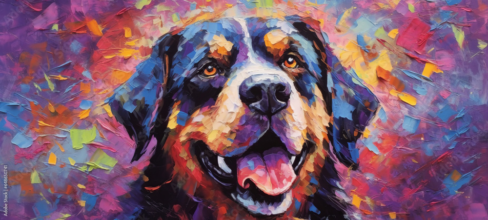 a colorful painting of a dog,colorful explosions, dark purple and dark gray, hard edge painting.generative ai