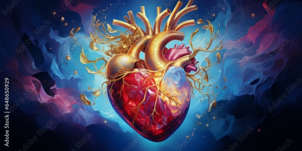 Illustration of a Human Heart Against a Blue Background, Depicting Cardiovascular Conditions Such as Heart Attack, Atherosclerosis, and Medical Interventions Such as Catheterization, All Integral to H