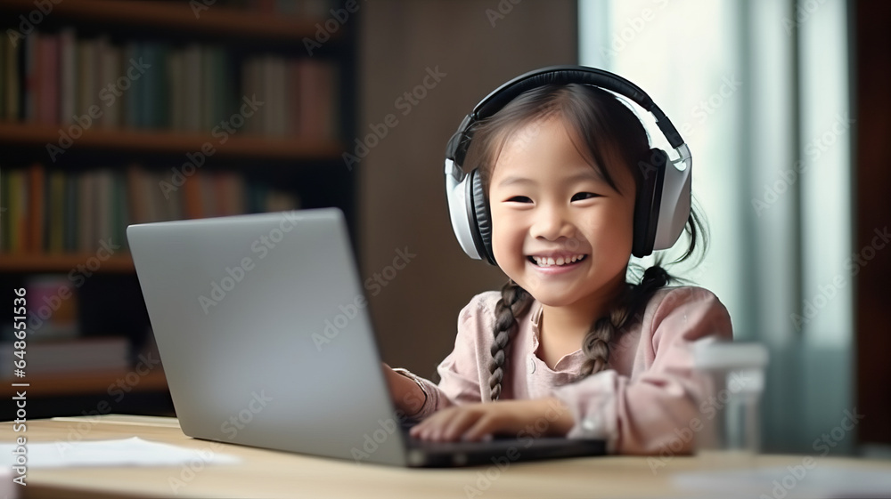 Asian girl student online learning class study online video call zoom teacher.generative ai Asian girl student online learning class study online video call zoom teacher.generative ai