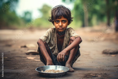 Hungry, starving, poor little child looking at the camera	 photo