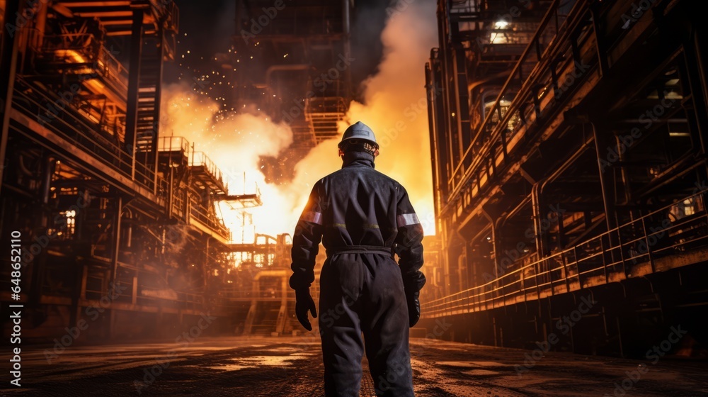 Worker in protective clothing working at the blast furnace, steel industry, 16:9 Worker in protective clothing working at the blast furnace, steel industry, 16:9