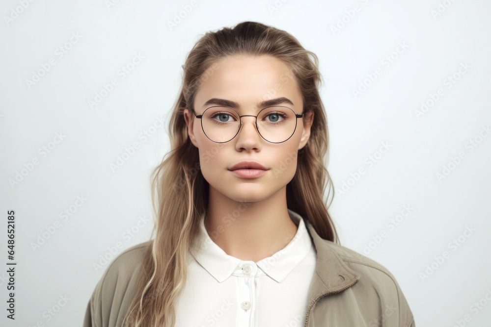 Pretty young female wearing spectacles on white backdrop. Eyewear store advertisement.