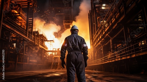 Worker in protective clothing working at the blast furnace, steel industry, 16:9