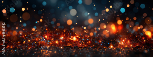 closeup of firework and bokeh lights on black background with space for text.generative ai photo