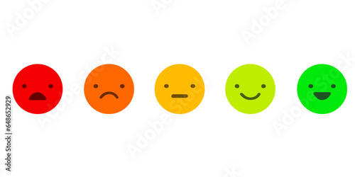 Rank, level of satisfaction rating. Face icons, Feedback in form of emotions. User experience. Review of consumer. Scale with colored segments. Vector Isolated illustration