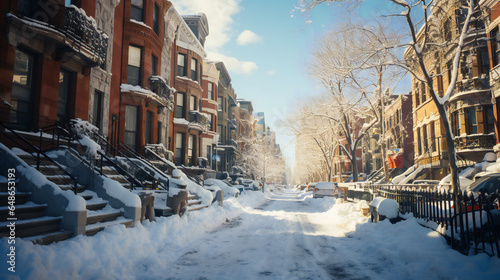 snowy winter in the city with terraced houses