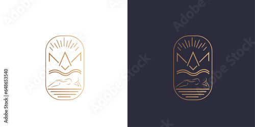 Tanning logo, person, faith, sun, minimal style identity logo mark. Golden gradient vector emblem logotype for business cards.