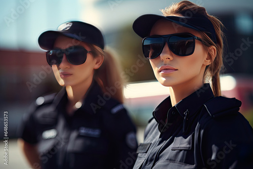 Two stylish policewomen in sunglasses and modern uniforms stand confidently on a sunny city street, embodying a combination of elegance and authority in their professional roles.