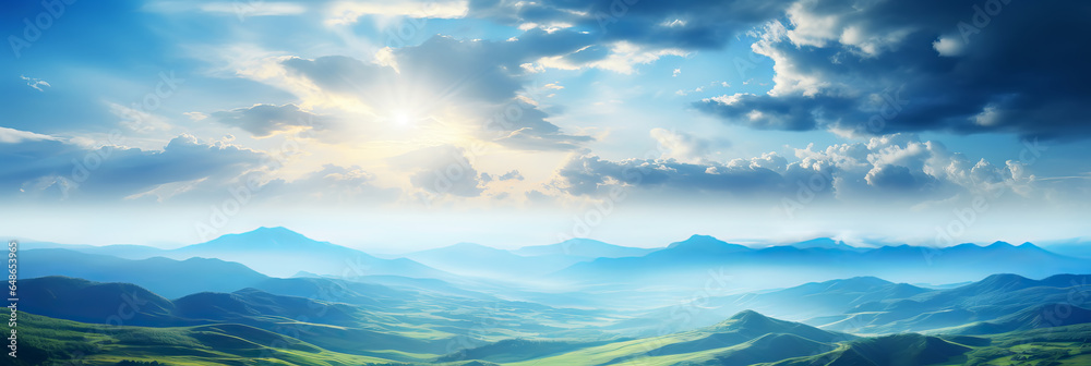 Beautiful aerial View of hilly landscape in morning mist with sun rays, banner format