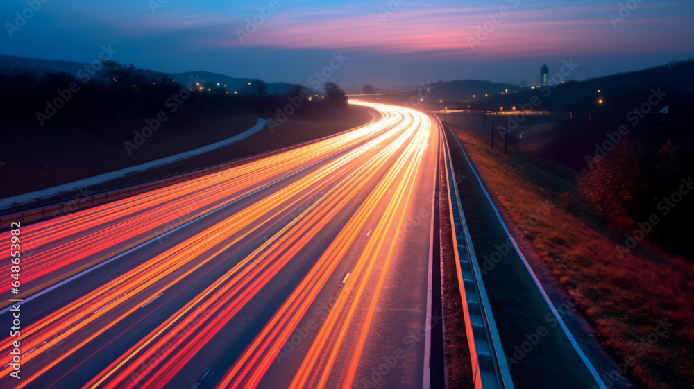 photograph of A long exposure photo, motion blur of a highway at night.generative ai photograph of A long exposure photo, motion blur of a highway at night.generative ai