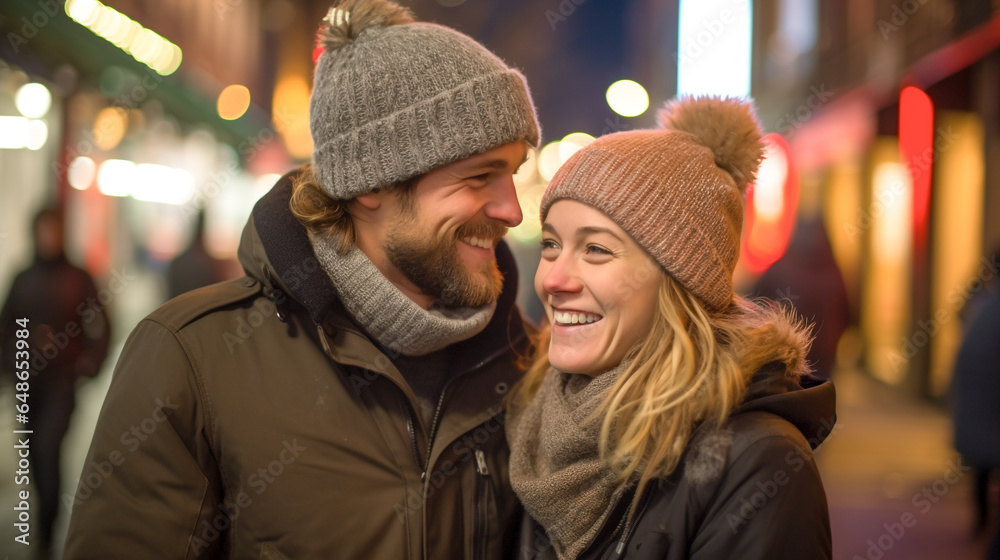 Street Photograph of a couple with bright lights in the background, winter Season