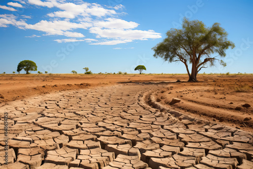 Dry river bed among parched terrain. Effects of climate change, desertification and droughts