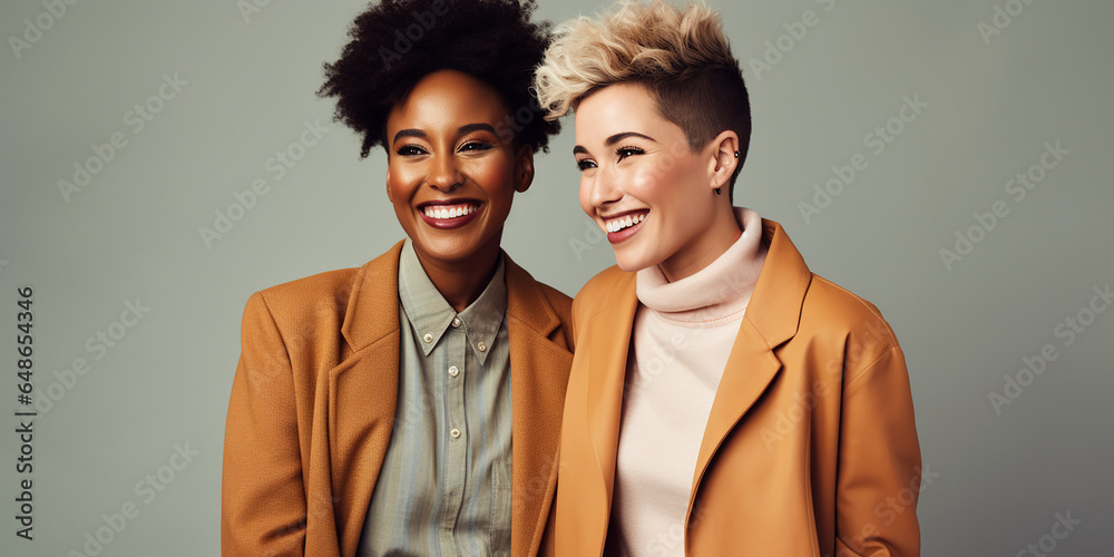 LGBT couple smiling on a light background LGBT couple smiling on a light background