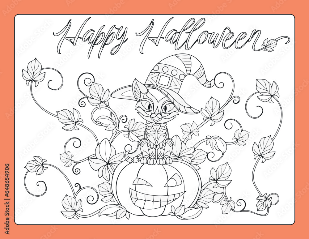 Fototapeta premium Halloween Coloring pages, Scary pumpkin drawing on black and white background, Vector illustration, Pumpkin Poster Design