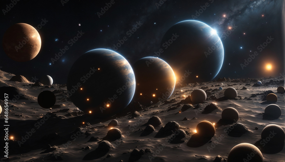 a compelling of a remote exoplanet in orbit around its parent star, surrounded by a system of multiple captivating moons - AI Generative - obrazy, fototapety, plakaty 