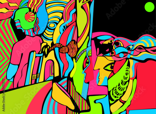  Bright dreamy hippie 60s background in retro psychedelic style. Many faces and roads in patterns, mysterious color music, joyful trippy vector texture