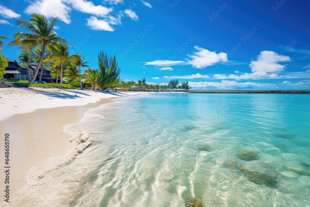 tropical beach in Maldives with few palm trees and blue lagoon, amazing white beaches of Mauritius island. Tropical vacation, AI Generated