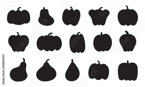 Big set of various black pumpkin silhouettes on white background for halloween, icons, harvest, stickers, posters, wallpapers, elements