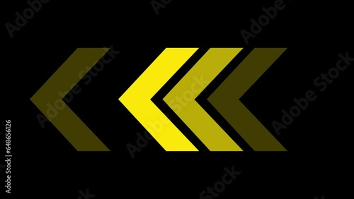 Arrow Loop Animation direction concept. Creative animation of blinding yellow arrows going from right to left on black background. Advertising, social media swipe up symbols. arrow sign animation.