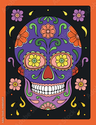 Skull poster coloring page vector illustration, Halloween skull mask