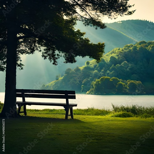 Bench in the park near to lake, Generative AI 