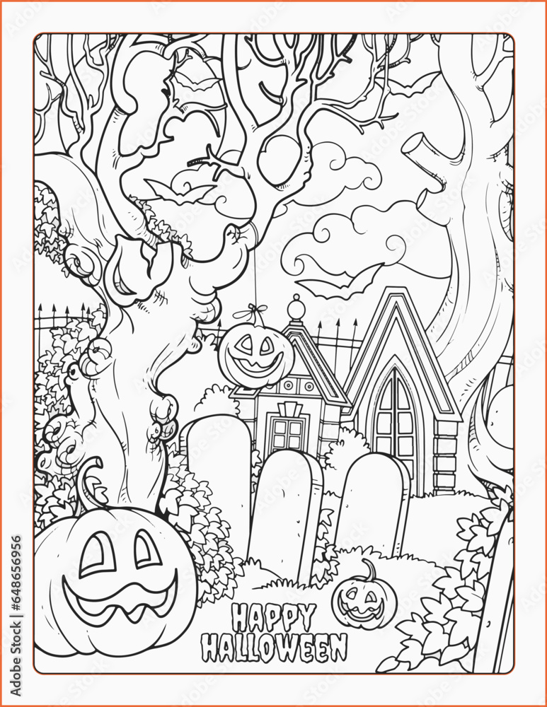 Haunted House Coloring Pages, Cute Haunted House Halloween Print, Black white vector