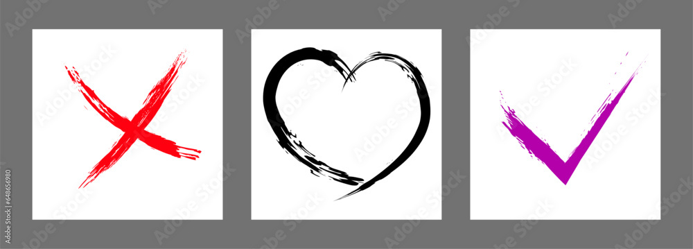 The cross, heart and OK symbol are hand-drawn with a brush. Prohibition, denial, error. Love. Approval, consent. Vector, set of 3 characters The cross, heart and OK symbol are hand-drawn with a brush. Prohibition, denial, error. Love. Approval, consent. Vector, set of 3 characters