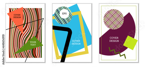Geometric cover design, set of 3 covers. Abstract unusual background in Memphis style. Bright geometric shapes in random order