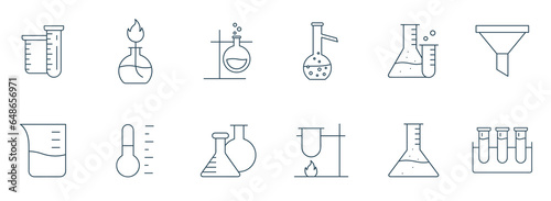 Laboratory glassware line icon set. Chemistry or science research lab equipment Beaker  flask  test tube for microbiology outline vector