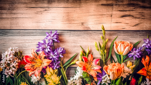 Arrière plan en bois avec fleurs de printemps vu de dessus