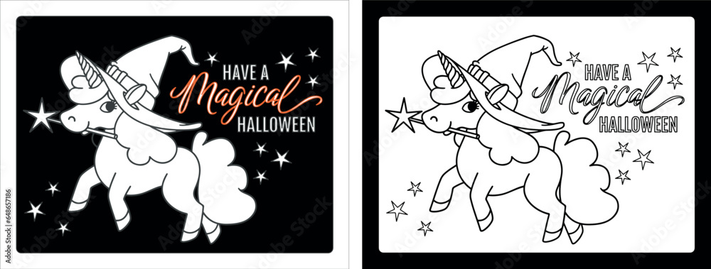 Unicorn Halloween Coloring pages for kids, party activity to have a great time. Coloring Sheets Vector illustration, Have a Magical Halloween