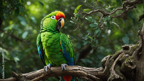 A vibrant green parrot with a menacing expression perched atop a gnarled tree branch - AI Generative