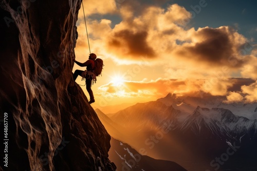 A man is seen climbing up the side of a mountain during a breathtaking sunset. This image captures the determination and beauty of conquering challenges. Perfect for adventure, motivation, and outdoor © Fotograf