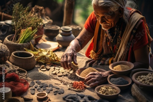 An old woman is shown preparing a delicious traditional dish, showcasing her culinary skills. This image can be used to depict the art of cooking, traditional recipes, or the joy of preparing homemade