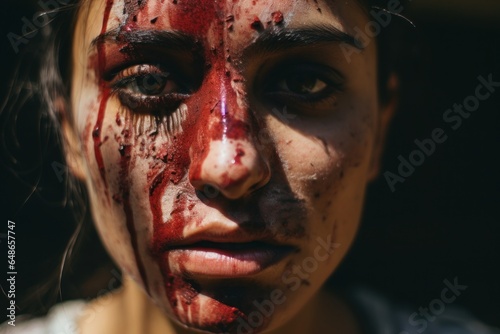 A close-up image of a person with blood on their face. This image can be used to depict horror, injury, violence, or Halloween-themed concepts. © Fotograf