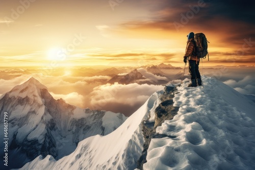 A man stands on top of a snow-covered mountain, enjoying the breathtaking view. This picture can be used to depict adventure, exploration, and the beauty of nature.