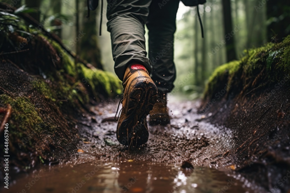 A person is seen walking on a muddy path in the woods. This image can be used to depict nature walks, hiking, outdoor adventures, or exploring the wilderness. A person is seen walking on a muddy path in the woods. This image can be used to depict nature walks, hiking, outdoor adventures, or exploring the wilderness.