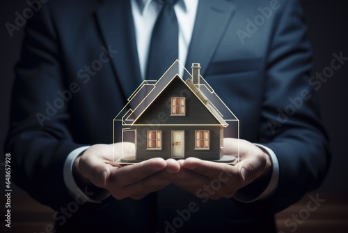 A man in a suit is holding a model of a house. This image can be used to represent real estate, housing market, property investment, or construction industry.
