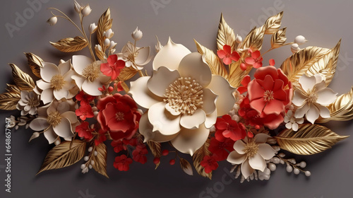 3D Flower poster and wallpaper wallart interior wall decor Gold White Creme Luxus