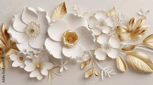 3D Flower poster and wallpaper wallart interior wall decor Gold White Creme Luxus